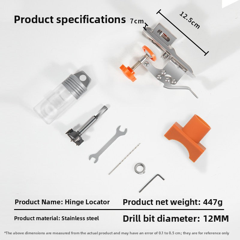 Hinge locator spec panel showing 7 by 12.5 cm, 447 g, stainless steel and the accessories laid out