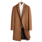 Camel single-breasted long coat with notch lapel and two buttons over a white turtleneck, size 175/L option