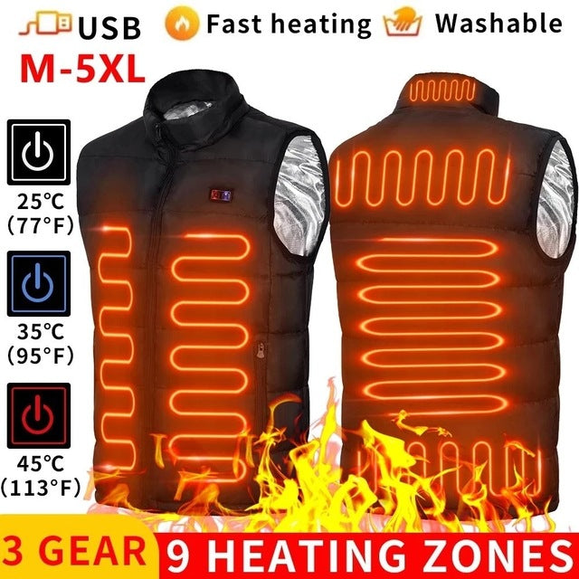 Black heated vest with USB, three heat levels and nine heating zones, image for the Black option in size M