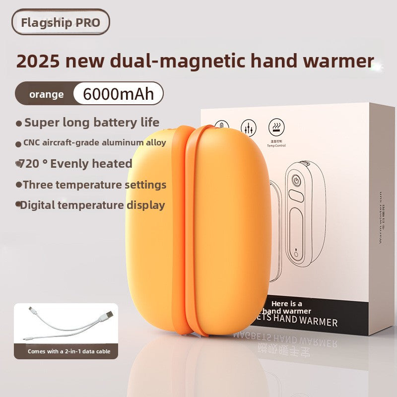 Orange magnetic hand warmer with 6000 mAh label standing in front of its retail box, product photo
