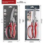 Red handled kitchen bone shears shown on a retail hanging card