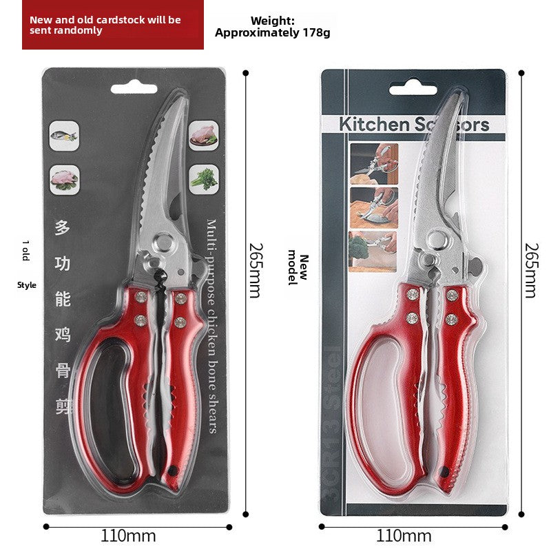 Red handled kitchen bone shears shown on a retail hanging card