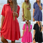 Short sleeve tiered cotton and linen shirt dress shown in six colours on a model