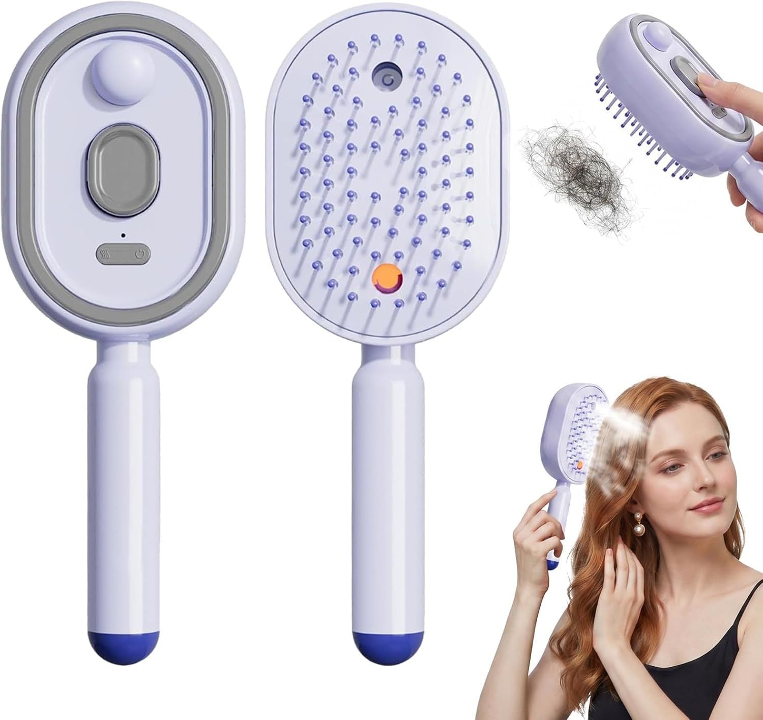 Purple mist spray massage hair brush front, back and misting a womans long hair