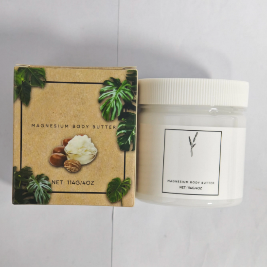 Kraft box and white jar of magnesium body butter with a shea butter image on the label