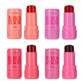 Four jelly blush sticks in peach coral, orchid pink, coral pink and rose pink, each with its cap beside it