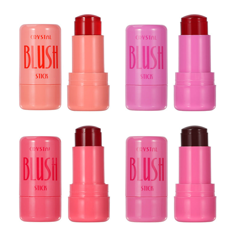 Four jelly blush sticks in peach coral, orchid pink, coral pink and rose pink, each with its cap beside it