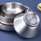 Stacked double wall stainless steel bowls and plate in a brushed silver finish
