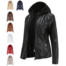 Womens PU Leather Jacket with Detachable Knit Hood