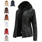 Black PU leather jacket with a detachable hood beside small views of the other color options