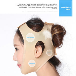 Beige V-face band with an ear opening and breathable fabric callouts on a model in profile, hair in a bun