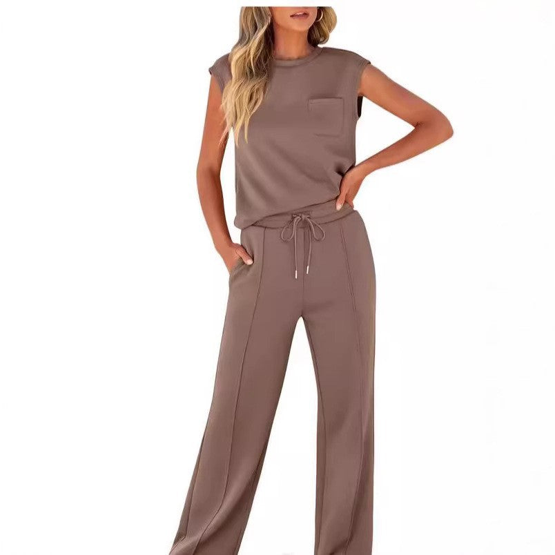Womens Sleeveless Top High Waist Wide Leg Pants | styled flat lay overhead shot