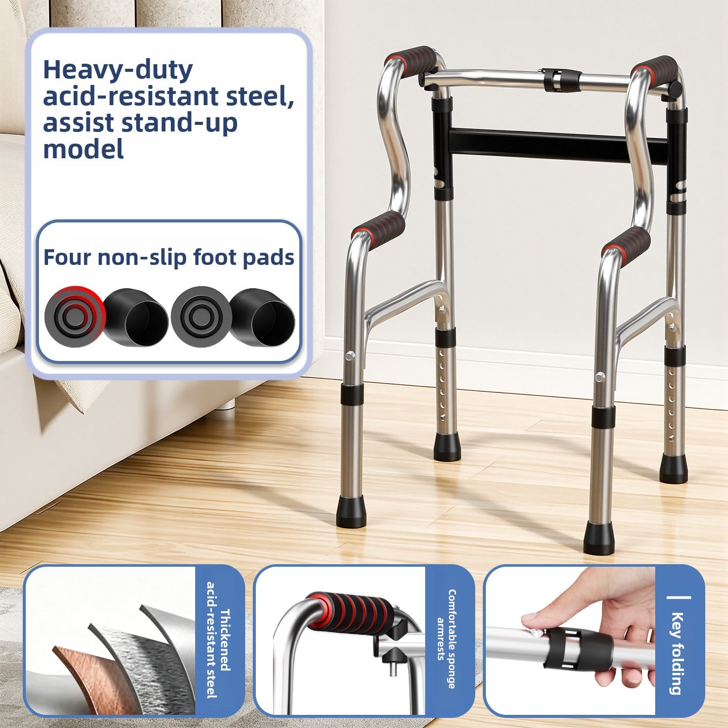 Silver acid resistant steel walking frame on a wood floor, assist to stand build