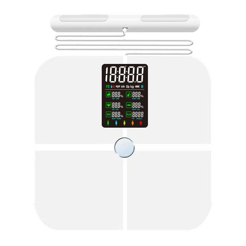 White Bluetooth body fat scale from above with its handheld grip bar and color display
