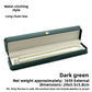 Open dark green crown clasp necklace box with a pearl necklace on the grey padded lining