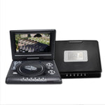 Black portable DVD player shown open with 7.8 inch screen beside its folded closed case
