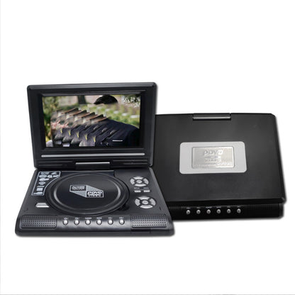 Black portable DVD player shown open with 7.8 inch screen beside its folded closed case