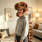 Person wearing a brown plush dinosaur skeleton head mask with a trailing brown plush spine