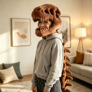 Person wearing a brown plush dinosaur skeleton head mask with a trailing brown plush spine