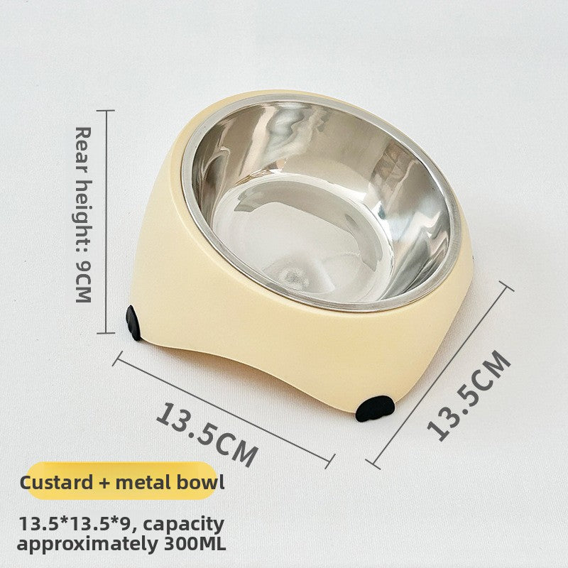 Stainless steel cat bowl in a tilted coloured stand with non slip feet