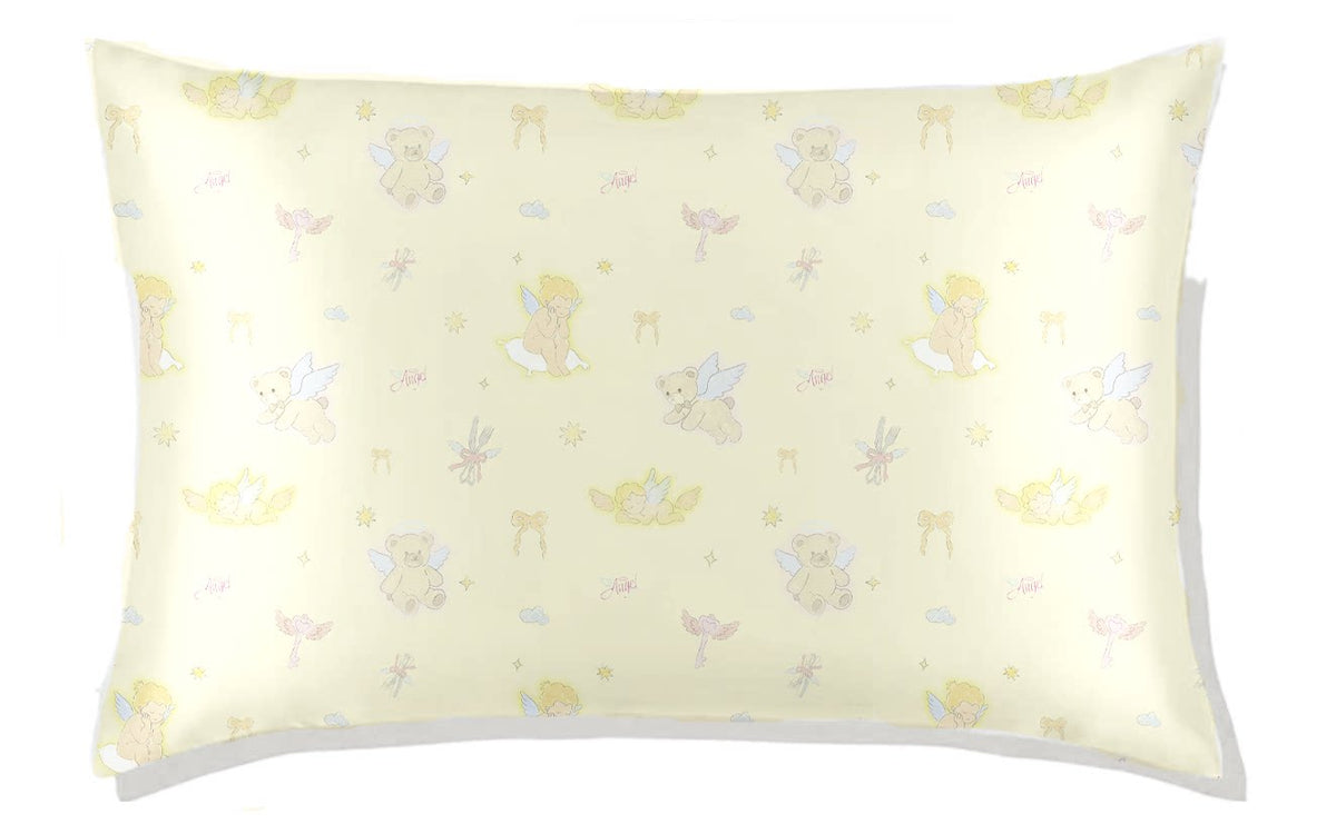 Summer leisure pale yellow silk pillowcase with a small illustrated print