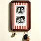 Option A4 Hook Style 2: dark wood wall photo frame with red and cream striped backing and two key hooks