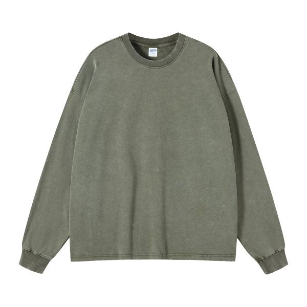 Ribbed crew neck and distressed collar detail of the black washed long tee
