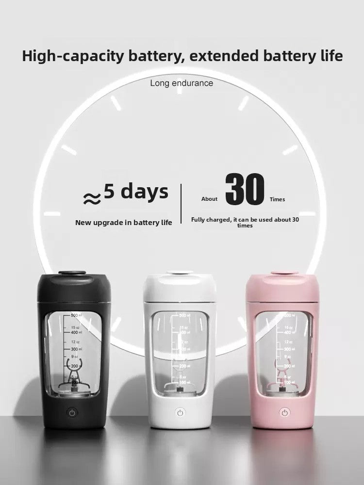 Motorized base of a portable shaker cup with a power button and USB charging