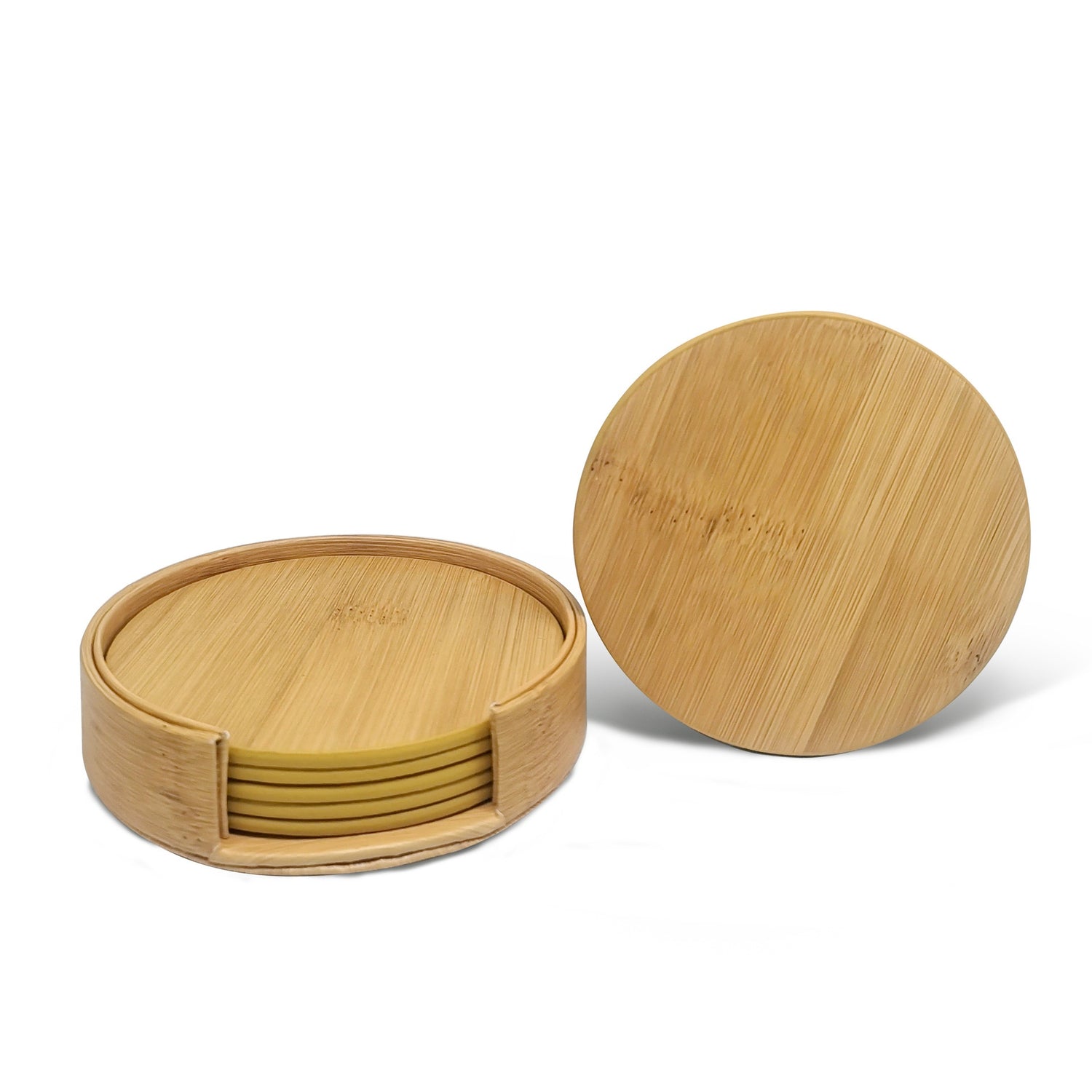 Wood tone PU leather round coaster set with a matching round holder