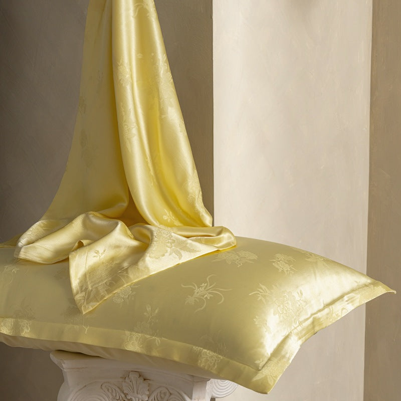 Golden Branch Jade Leaf jacquard silk pillowcase in pale yellow with silk draped, pair option