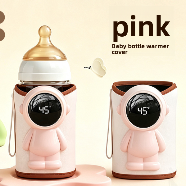 Pink astronaut style baby bottle warmer sleeve on a bottle, with a second pink sleeve beside it