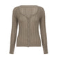 Khaki cable knit button cardigan laid flat on white with a scoop neck and ribbed hem