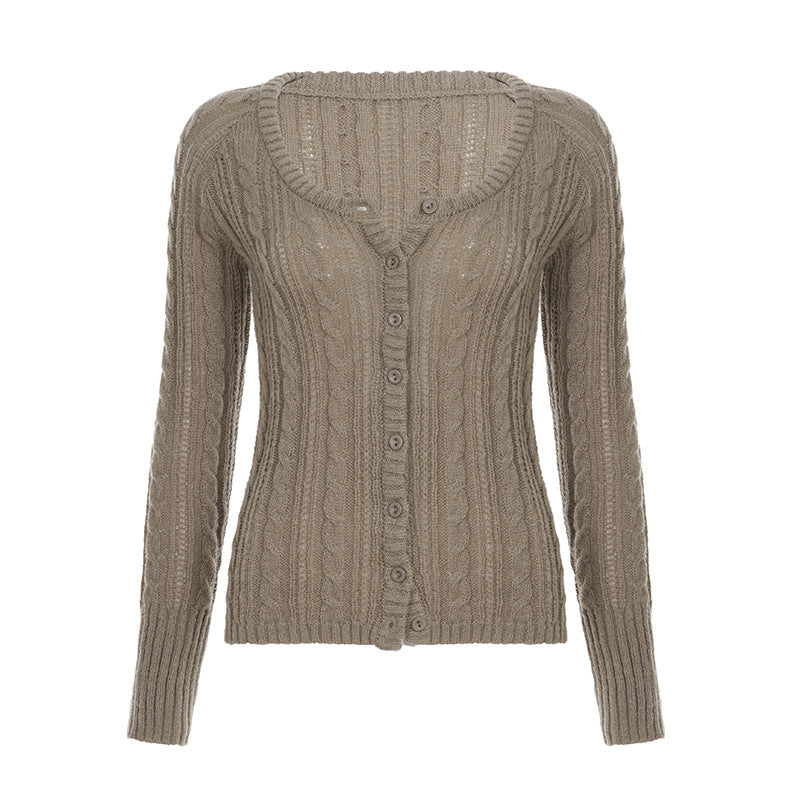 Khaki cable knit button cardigan laid flat on white with a scoop neck and ribbed hem