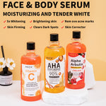Three amber face and body serum bottles labeled Vitamin C, AHA, and Alpha Arbutin on a pale background.