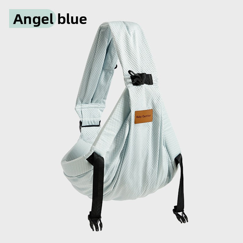 Off white one shoulder mesh baby sling folded small with its strap and buckle