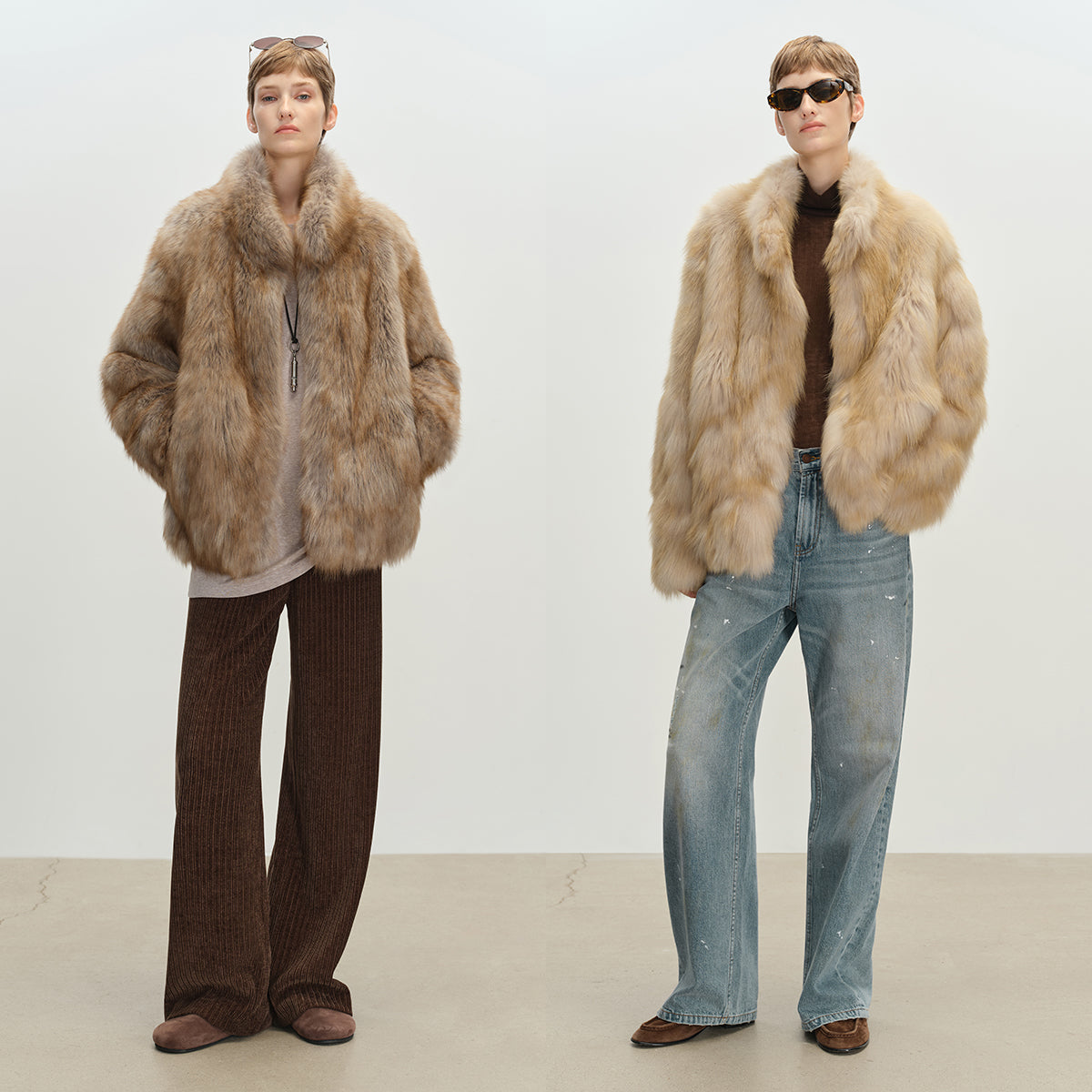 Faux fur coat in a cream shade, showing the uneven smudged dye through the long pile