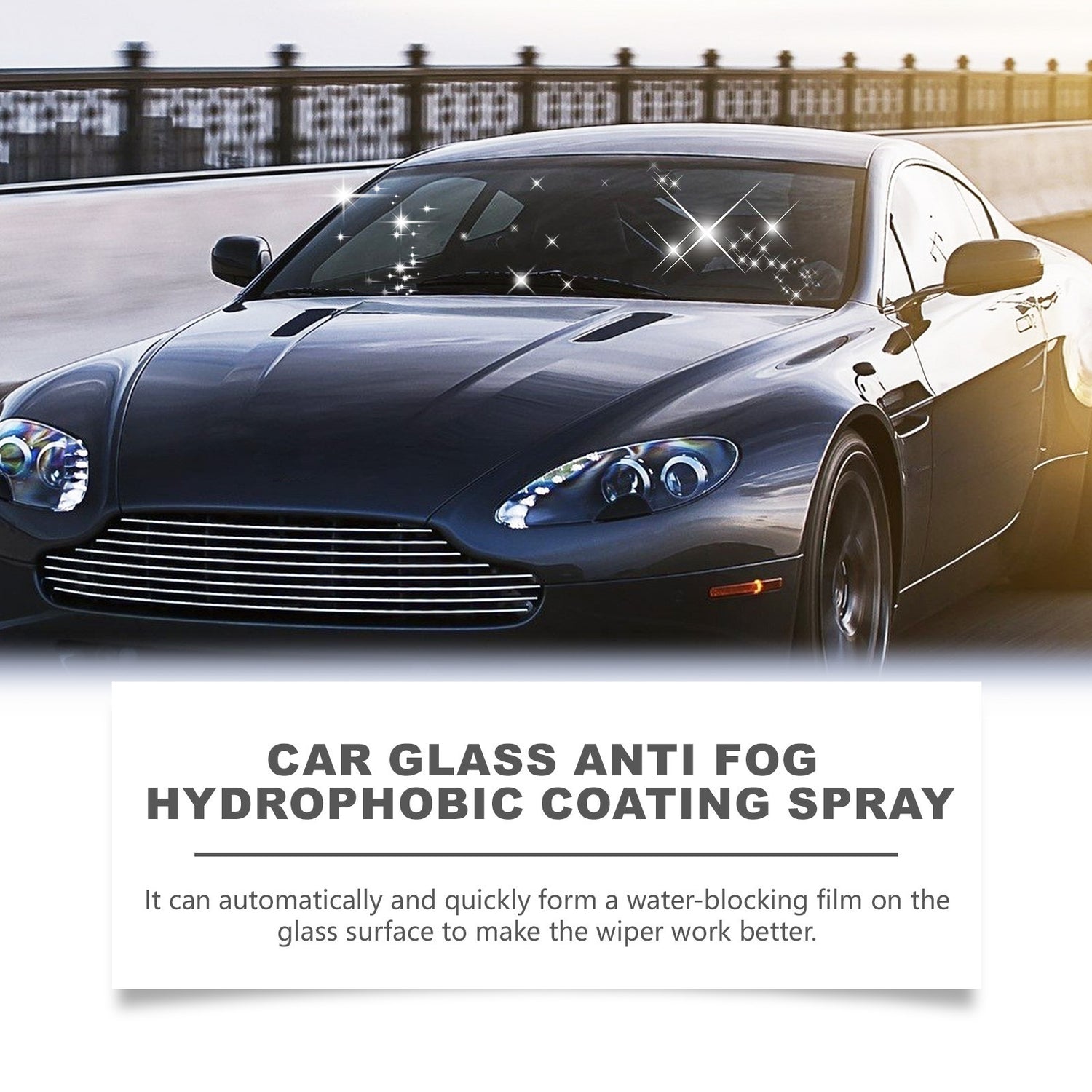 Dark sports car on a promenade under a maker panel naming the glass coating spray
