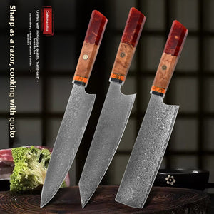 Japanese Damascus kitchen knife with resin wood handle on counter