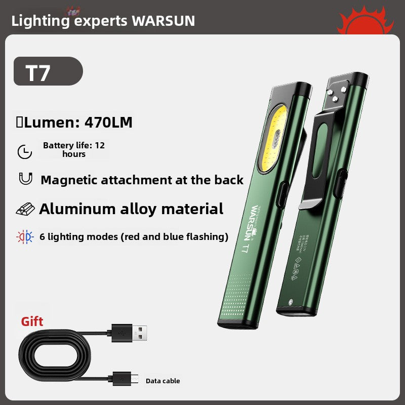 Black and green Warsun T7 Pro COB flashlights shown side by side