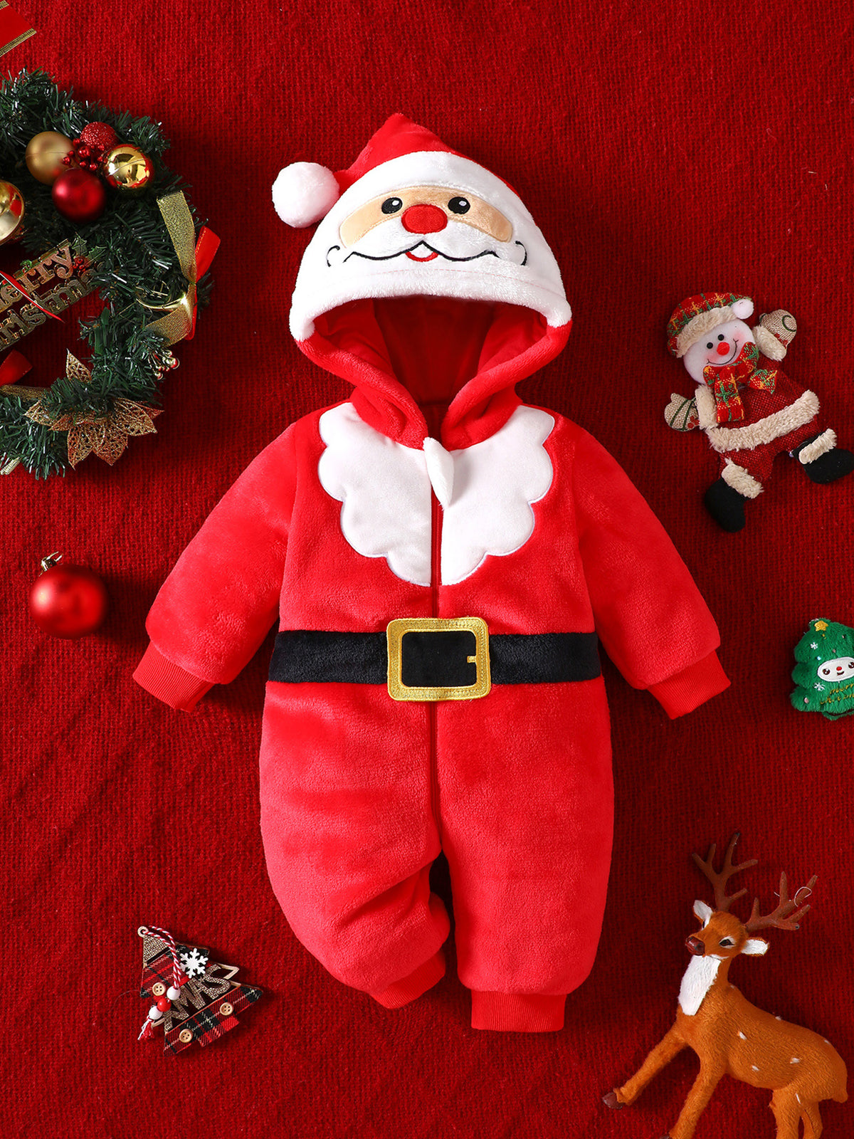 Red fleece Santa Claus baby jumpsuit flat lay front view, size 1-3M option