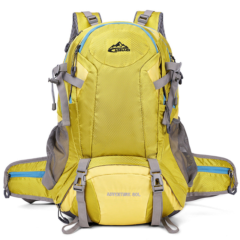 Yellow hiking backpack with hip belt, side mesh pockets and two front buckle straps, Yellow option