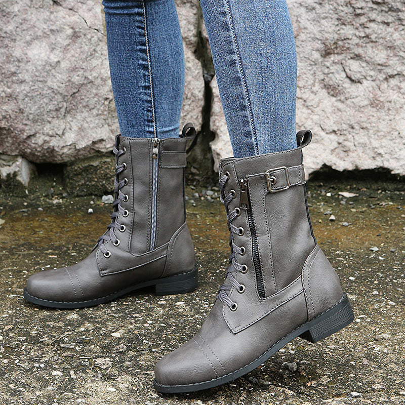 Gray lace-up mid-calf boots with side zip and buckle strap, EU 39 variant view