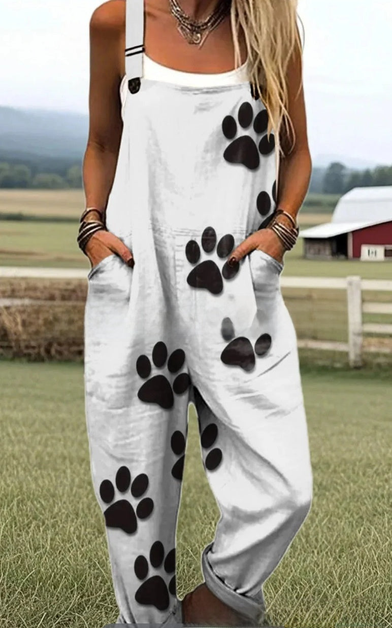 Womens printed sleeveless overall jumpsuit with button adjustable straps and front pockets