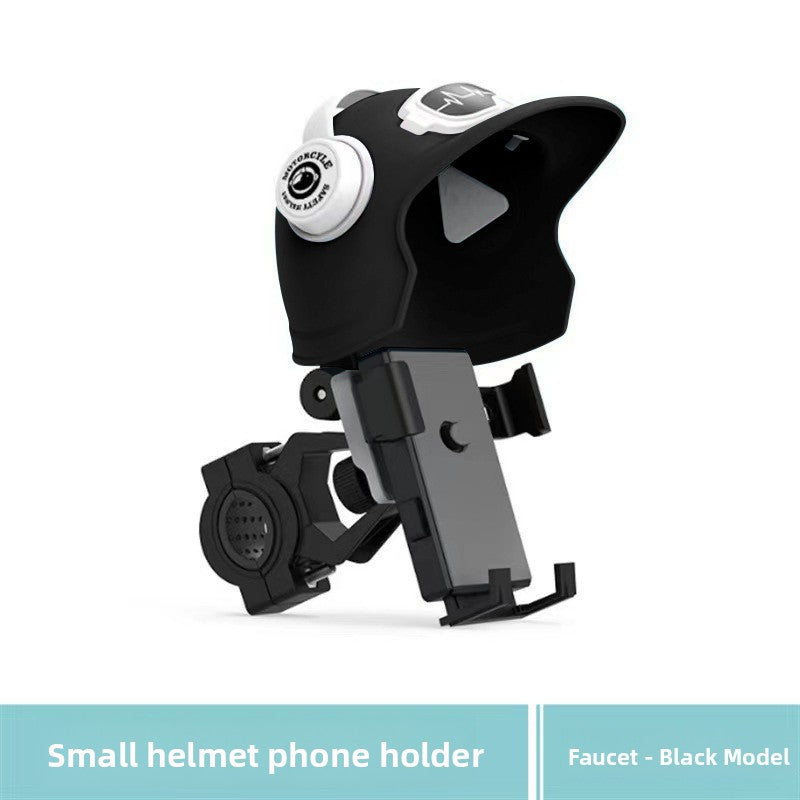 Handlebar with helmet, black option: black small helmet visor over a phone holder on a handlebar clamp