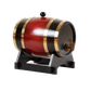 Wine red lacquered wooden barrel with gold bands and a top bung, on a black cradle stand
