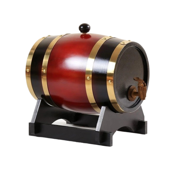 Wine red lacquered wooden barrel with gold bands and a top bung, on a black cradle stand