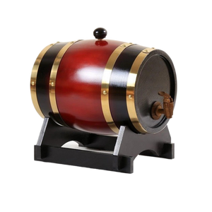 Wine red lacquered wooden barrel with gold bands and a top bung, on a black cradle stand