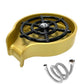Top view of the round glass rinser showing the spray nozzle and the ring of press bars