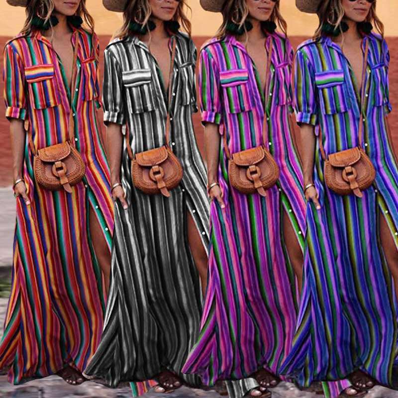 Four striped colorways of the maxi shirt dress shown side by side on models