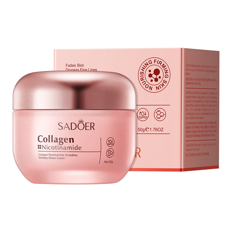 Collagen niacinamide brightening cream jar and carton in the pink range